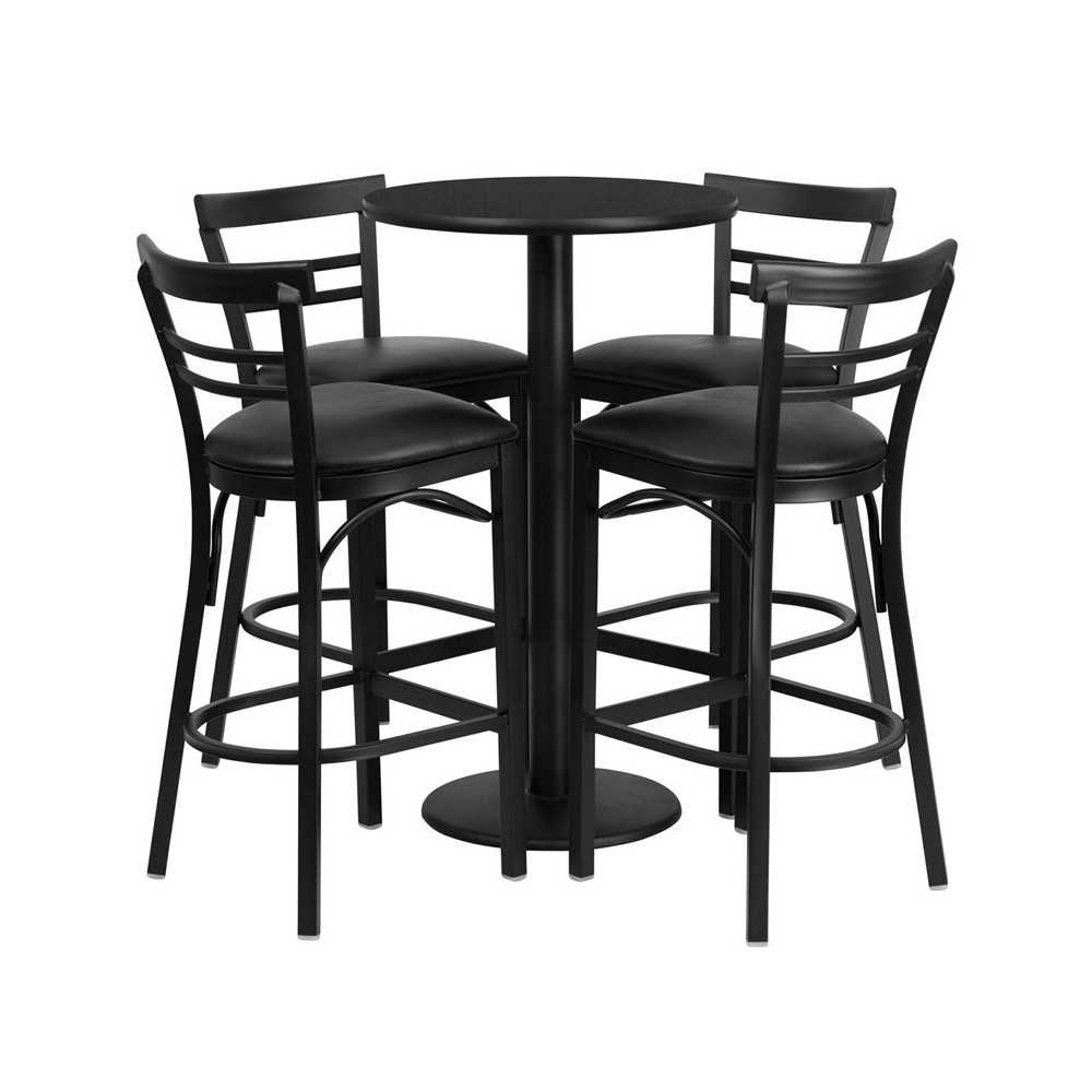 24'' Round Black Laminate Table Set with Round Base and 4 Two-Slat Ladder Back Metal Barstools - Black Vinyl Seat