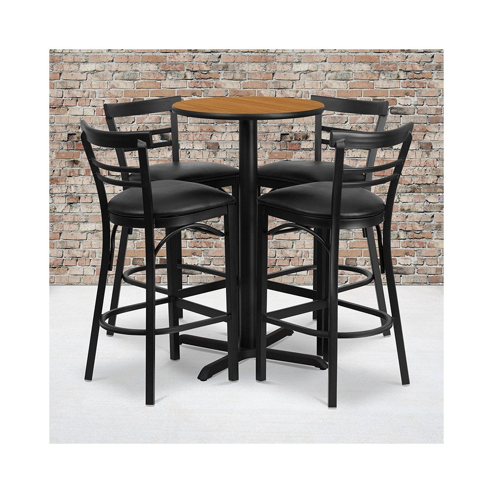 24'' Round Natural Laminate Table Set with X-Base and 4 Two-Slat Ladder Back Metal Barstools - Black Vinyl Seat