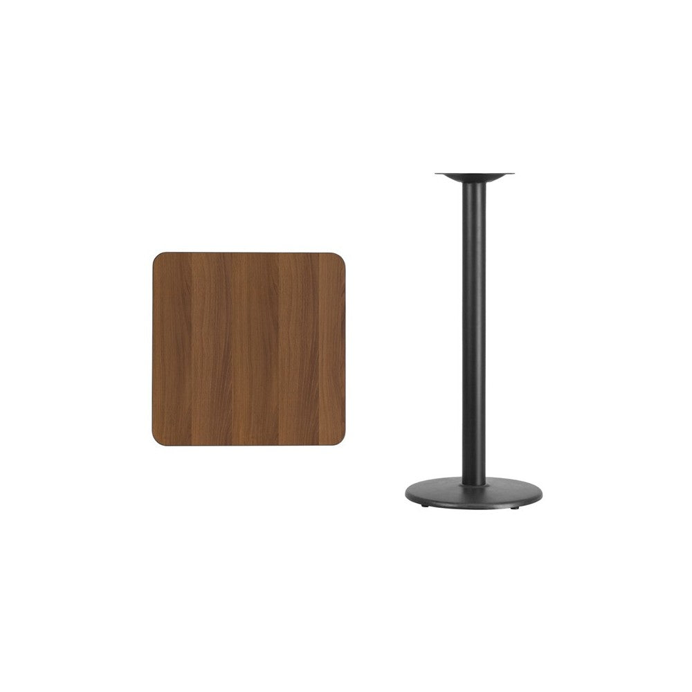 24'' Square Walnut Laminate Table Top with 18'' Round Bar Height Table Base