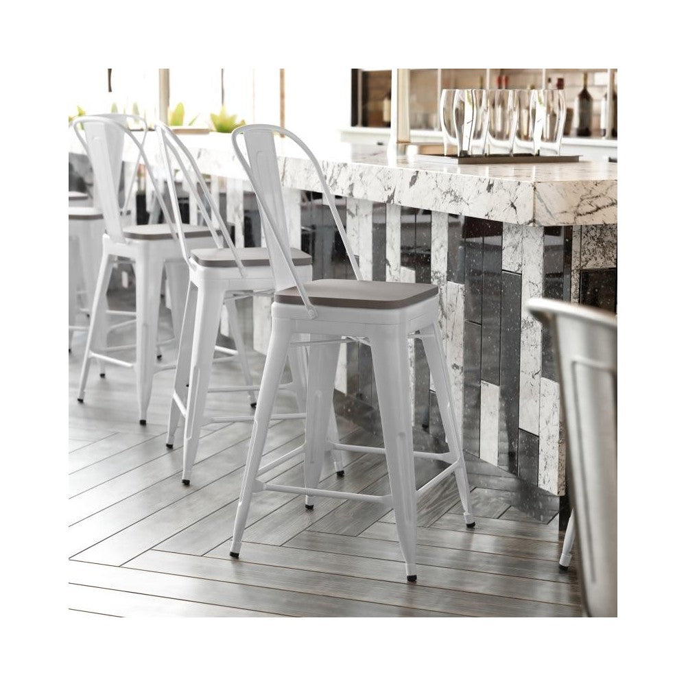 24" White Metal Indoor-Outdoor Counter Height Stool-Gray Seat