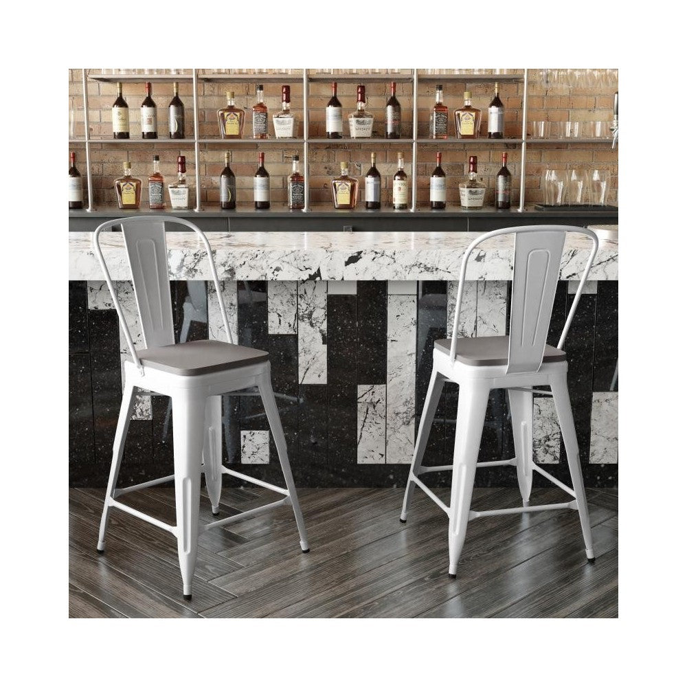 24" White Metal Indoor-Outdoor Counter Height Stool-Gray Seat