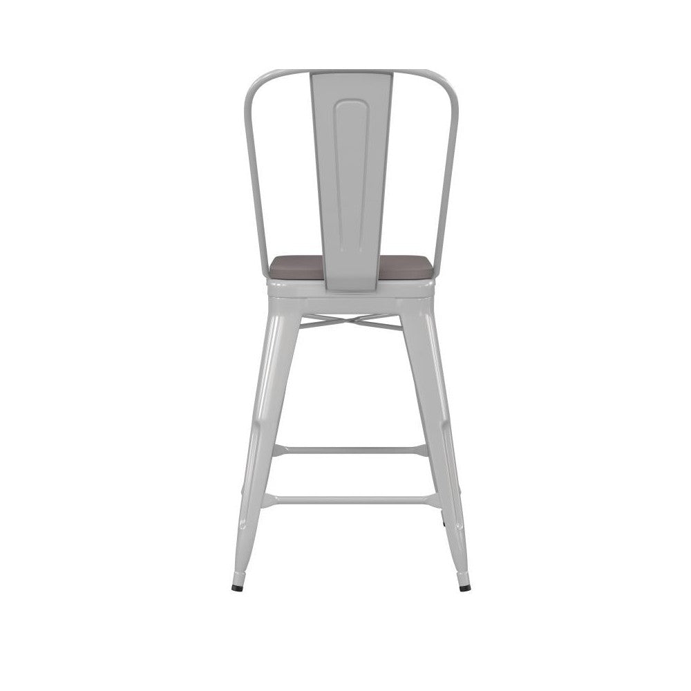 24" White Metal Indoor-Outdoor Counter Height Stool-Gray Seat