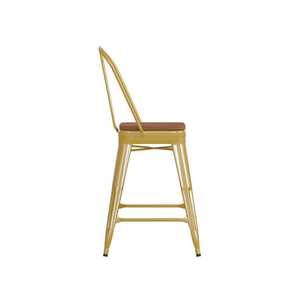 24" Yellow Metal Indoor-Outdoor Counter Height Stool-Teak Seat