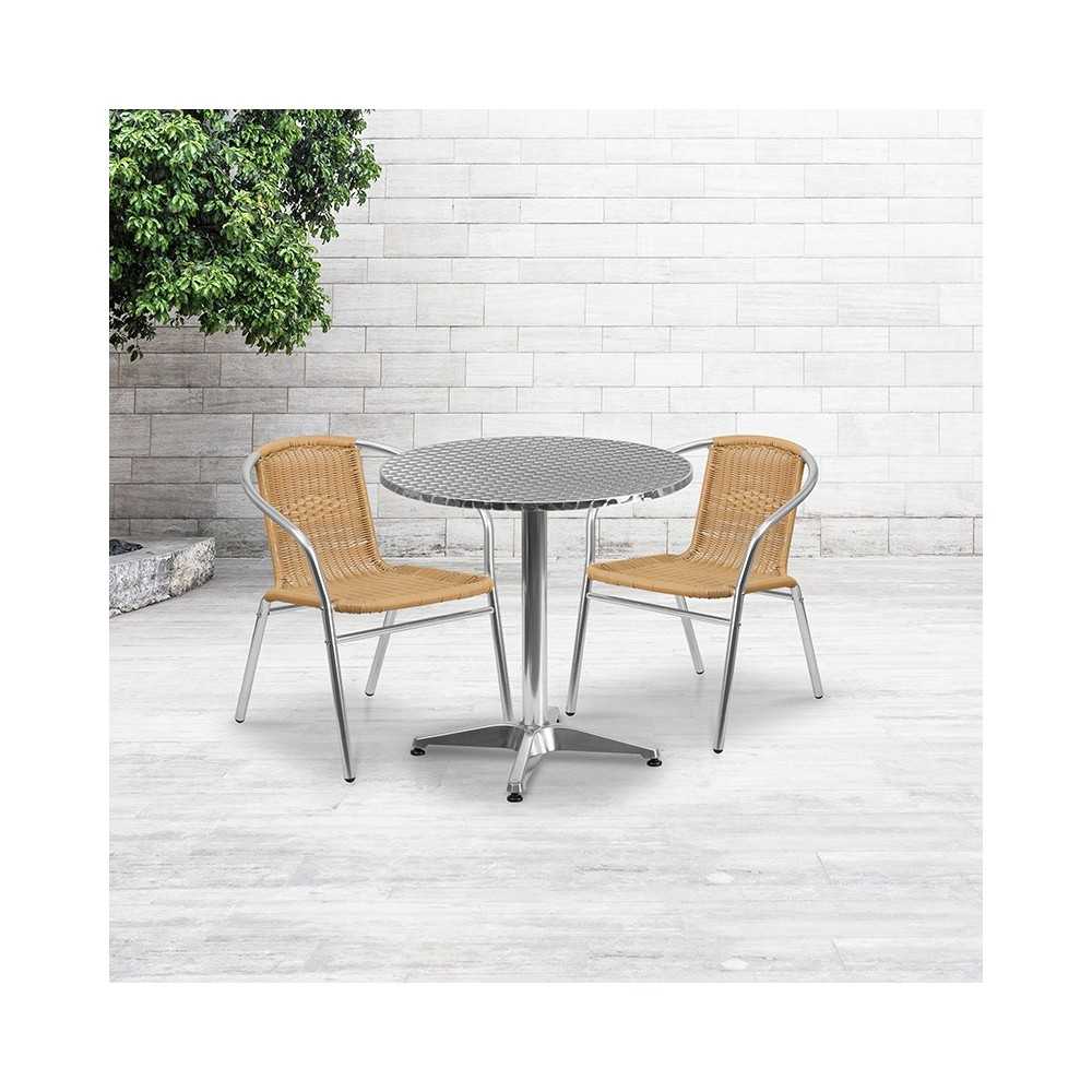27.5'' Round Aluminum Indoor-Outdoor Table Set with 2 Beige Rattan Chairs