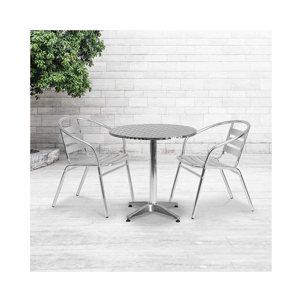 27.5'' Round Aluminum Indoor-Outdoor Table Set with 2 Slat Back Chairs