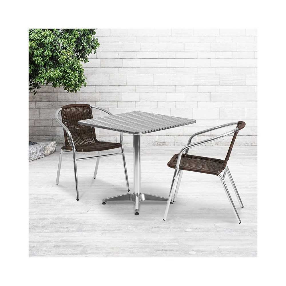27.5'' Square Aluminum Indoor-Outdoor Table Set with 2 Dark Brown Rattan Chairs
