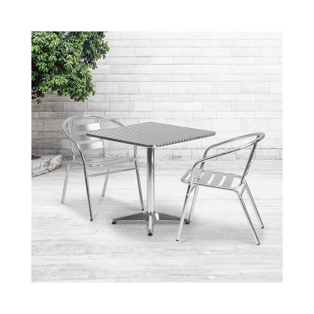 27.5'' Square Aluminum Indoor-Outdoor Table Set with 2 Slat Back Chairs