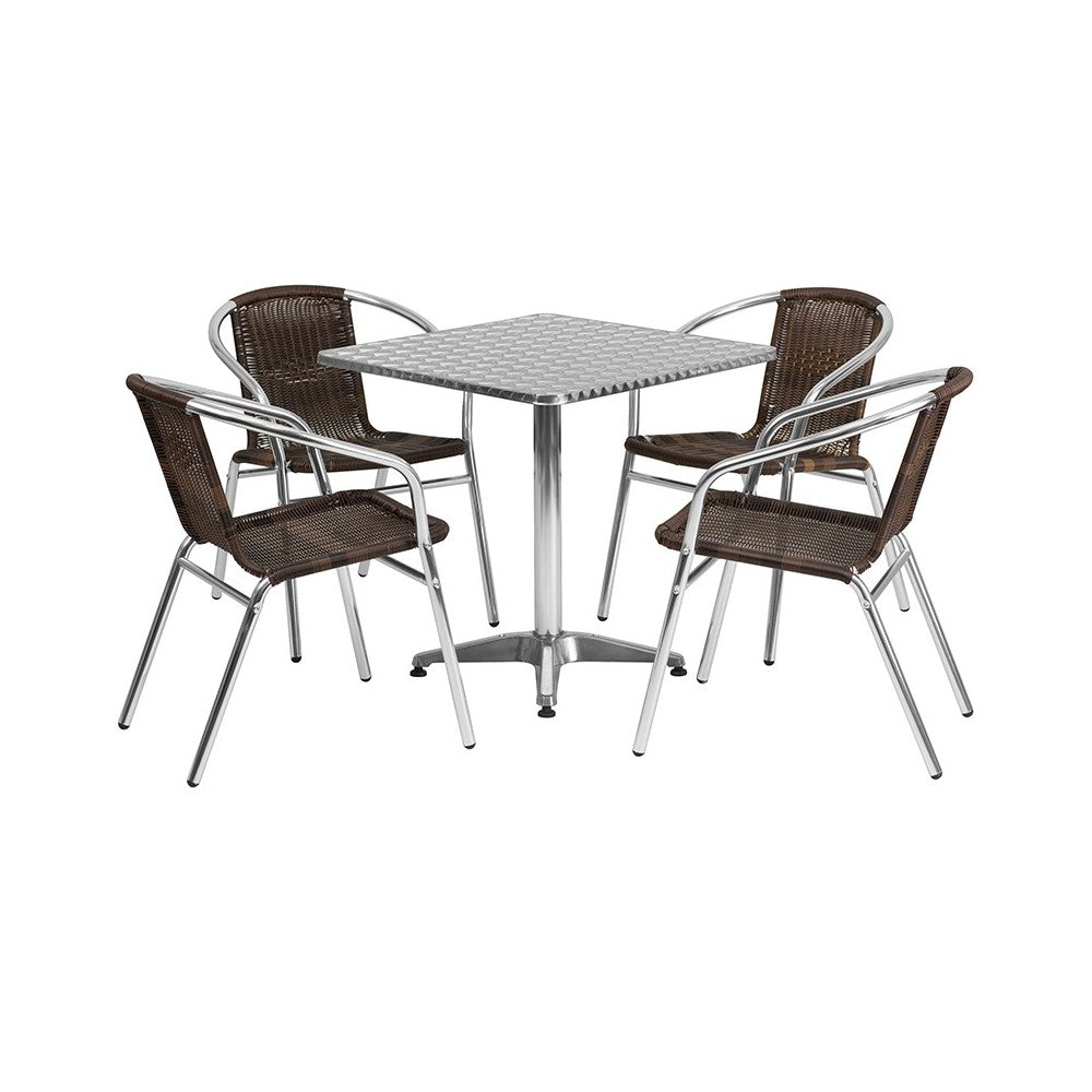 27.5'' Square Aluminum Indoor-Outdoor Table Set with 4 Dark Brown Rattan Chairs