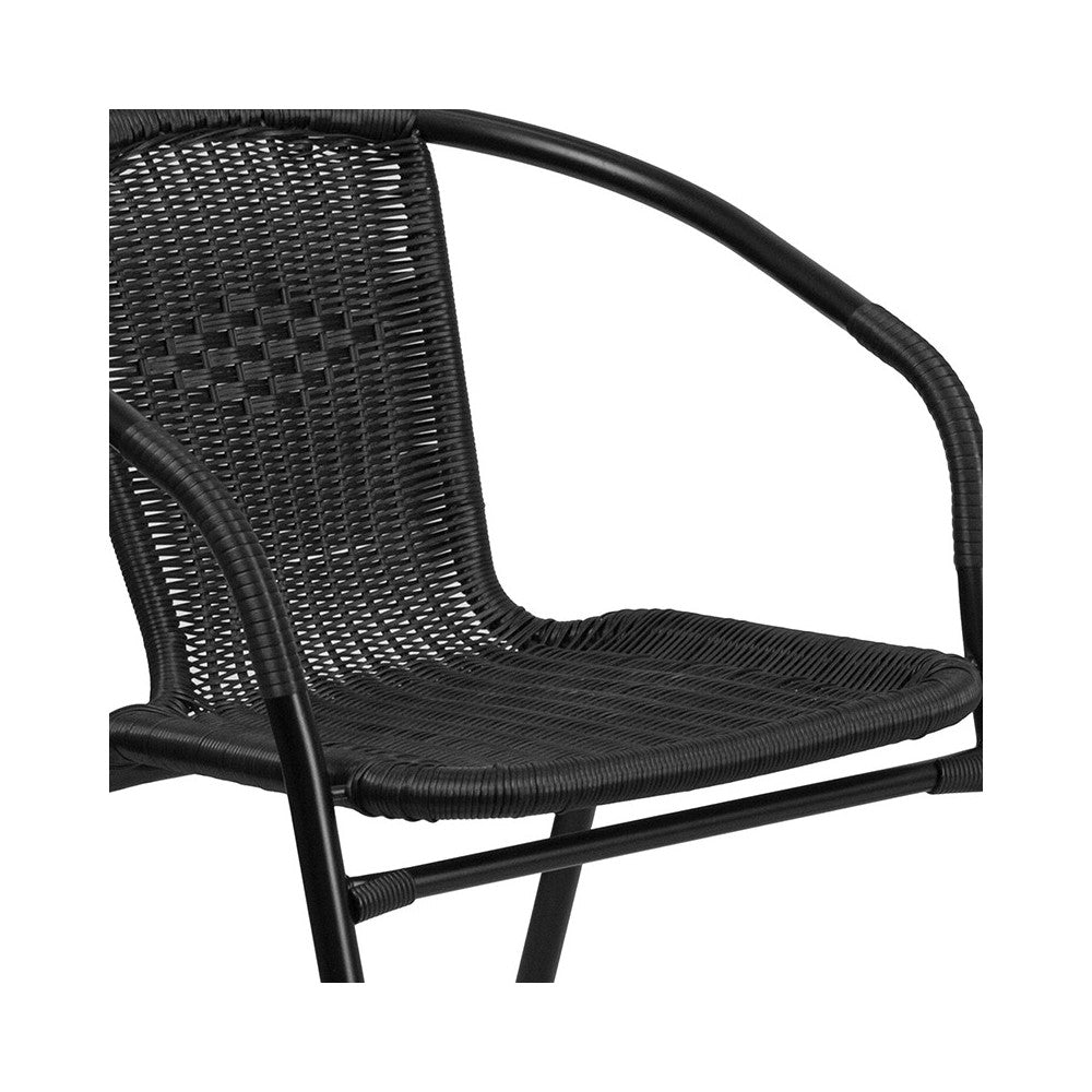 28'' Round Glass Metal Table with Black Rattan Edging and 4 Black Rattan Stack Chairs