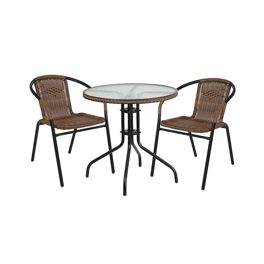 28'' Round Glass Metal Table with Dark Brown Rattan Edging and 2 Dark Brown Rattan Stack Chairs