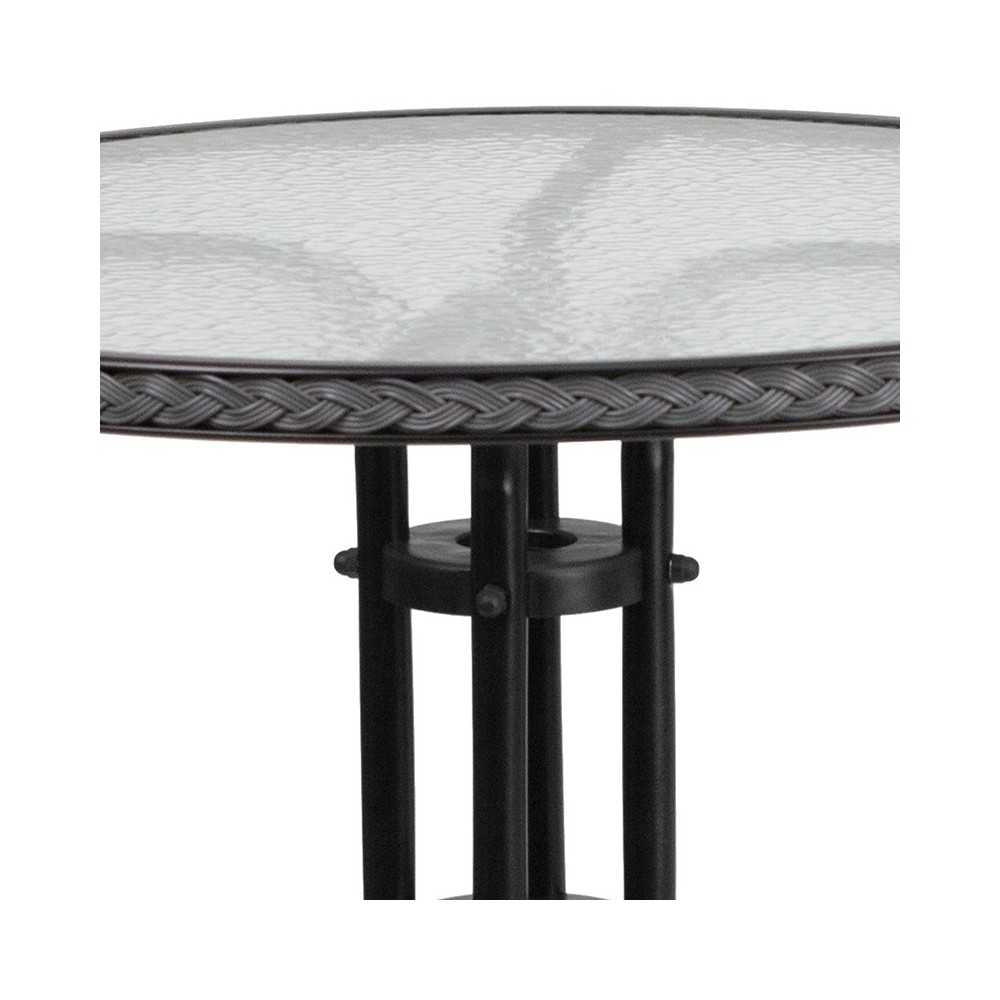 28'' Round Glass Metal Table with Gray Rattan Edging and 2 Gray Rattan Stack Chairs