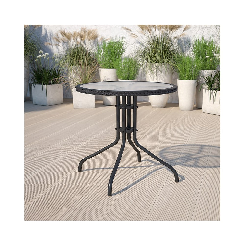 28'' Round Tempered Glass Metal Table with Black Rattan Edging