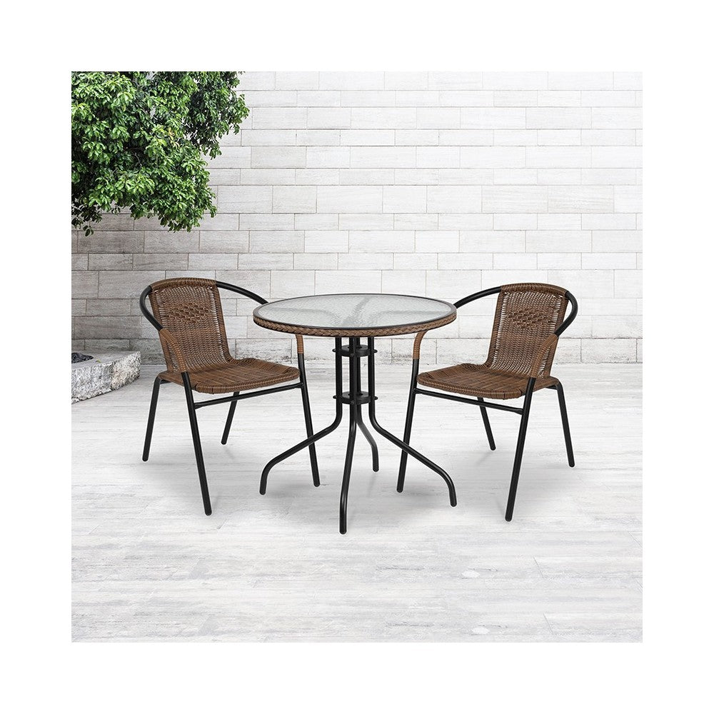 28'' Round Tempered Glass Metal Table with Dark Brown Rattan Edging