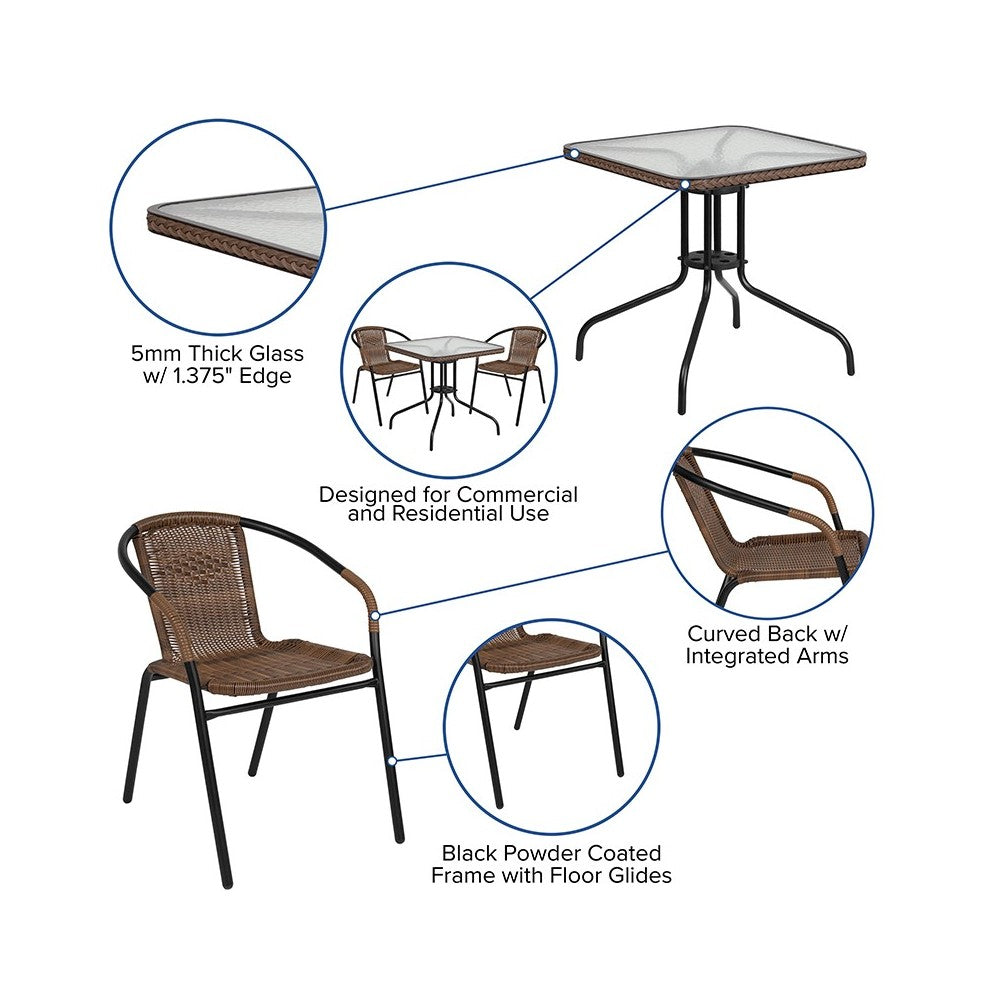 28'' Square Glass Metal Table with Dark Brown Rattan Edging and 2 Dark Brown Rattan Stack Chairs