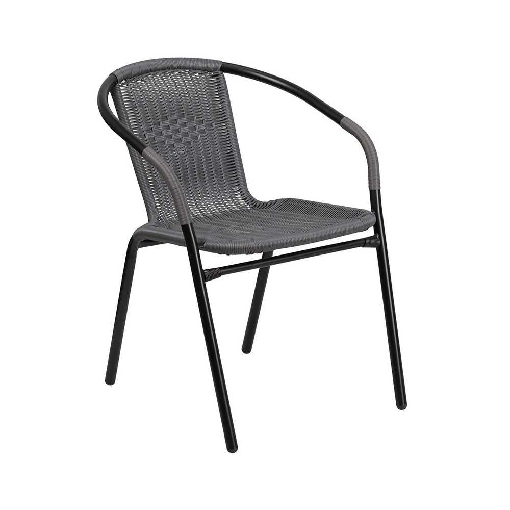 28'' Square Glass Metal Table with Gray Rattan Edging and 2 Gray Rattan Stack Chairs
