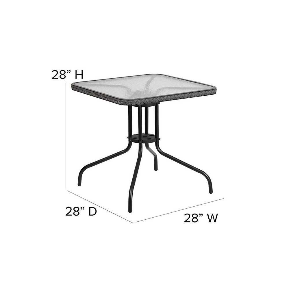28'' Square Glass Metal Table with Gray Rattan Edging and 4 Gray Rattan Stack Chairs