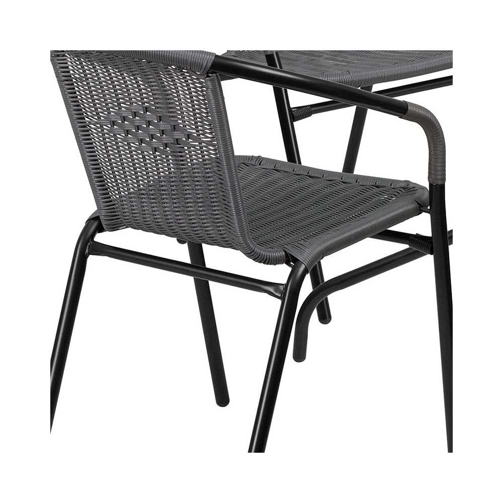 28'' Square Glass Metal Table with Gray Rattan Edging and 4 Gray Rattan Stack Chairs