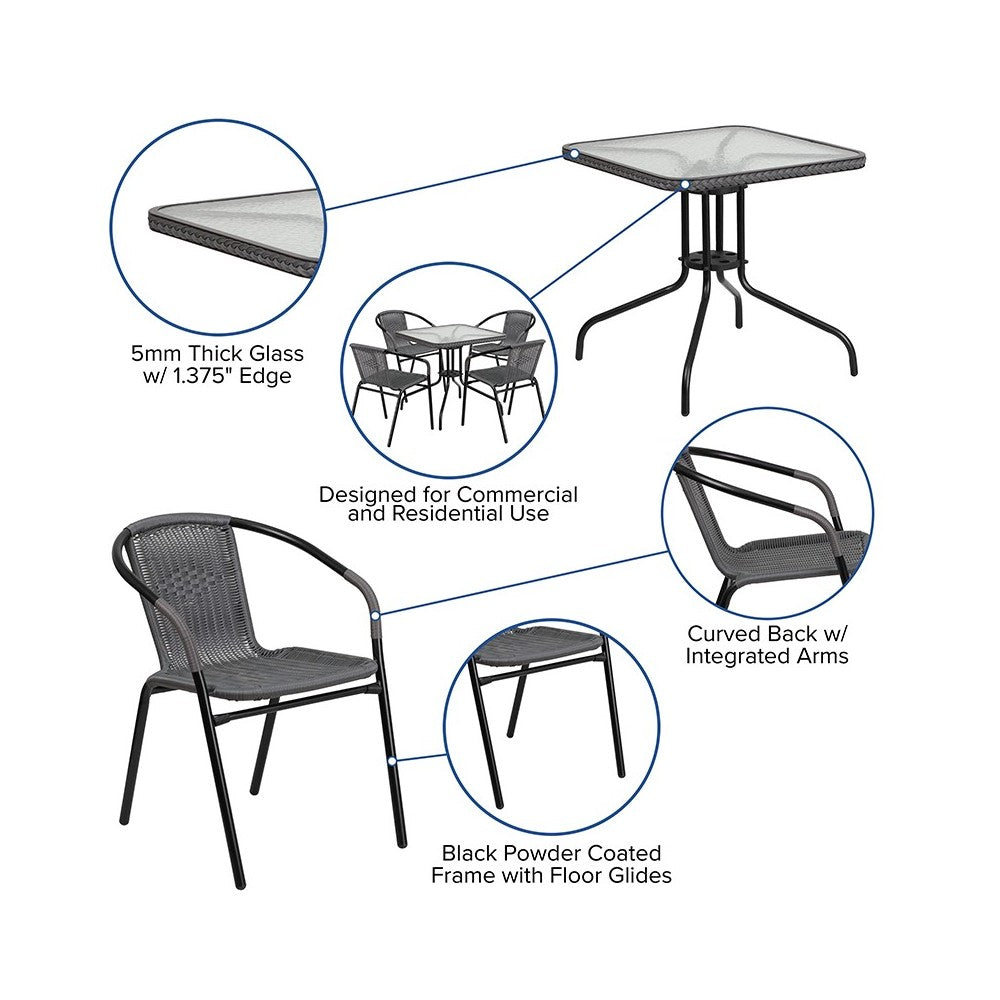28'' Square Glass Metal Table with Gray Rattan Edging and 4 Gray Rattan Stack Chairs