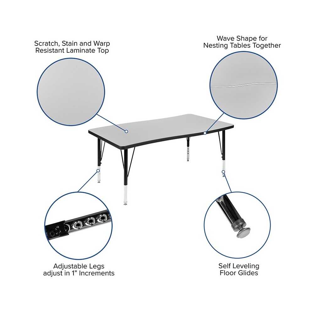 28"W x 47.5"L Rectangular Wave Collaborative Gray Thermal Laminate Activity Table - Height Adjustable Short Legs