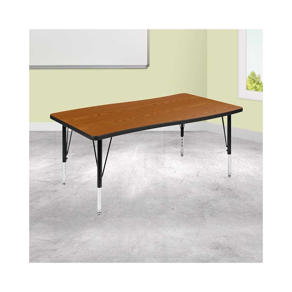 28"W x 47.5"L Rectangular Wave Collaborative Oak Thermal Laminate Activity Table - Height Adjustable Short Legs