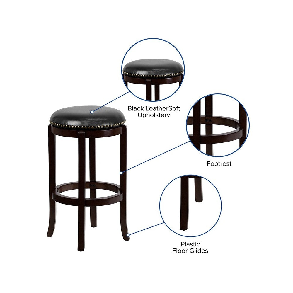 29'' High Backless Cappuccino Wood Barstool with Black LeatherSoft Swivel Seat