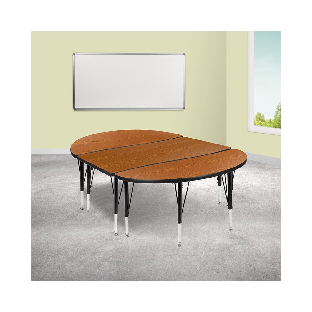 3 Piece 76" Oval Wave Collaborative Oak Thermal Laminate Activity Table Set - Height Adjustable Short Legs