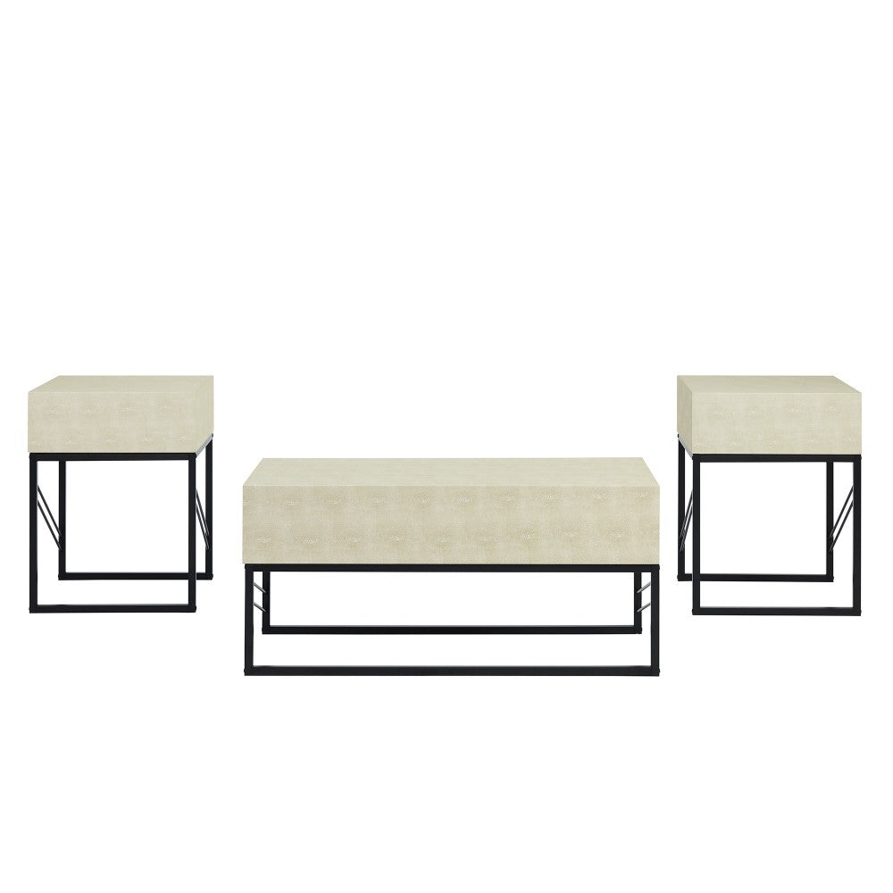 3 Piece Faux Shagreen Coffee Table and Side Tables - Off White