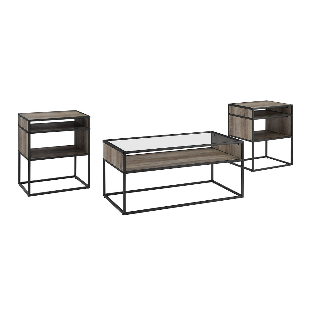 3-Piece Metal and Glass Accent Table Set - Gray Wash