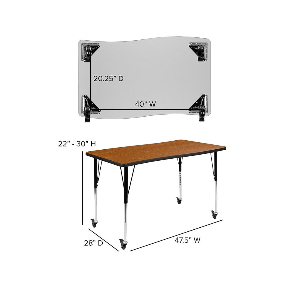 3 Piece Mobile 76" Oval Wave Collaborative Oak Thermal Laminate Activity Table Set-Standard Height Adjustable Legs