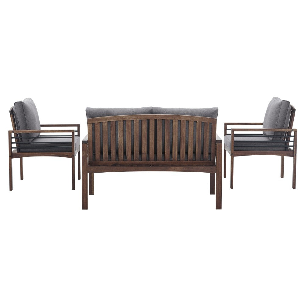3-Piece Modern Wood and Metal Outdoor Patio Conversation Set - Gray/Dark Brown