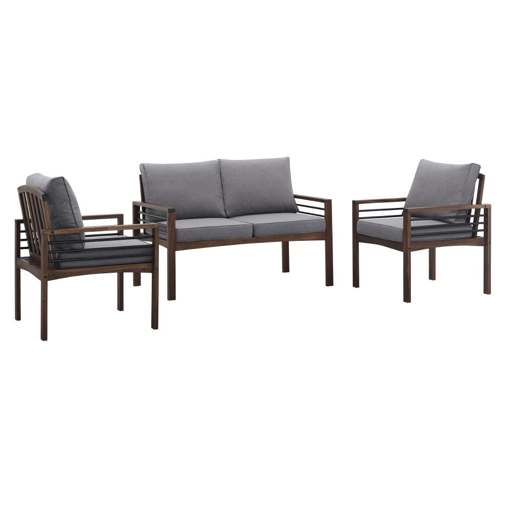 3-Piece Modern Wood and Metal Outdoor Patio Conversation Set - Gray/Dark Brown