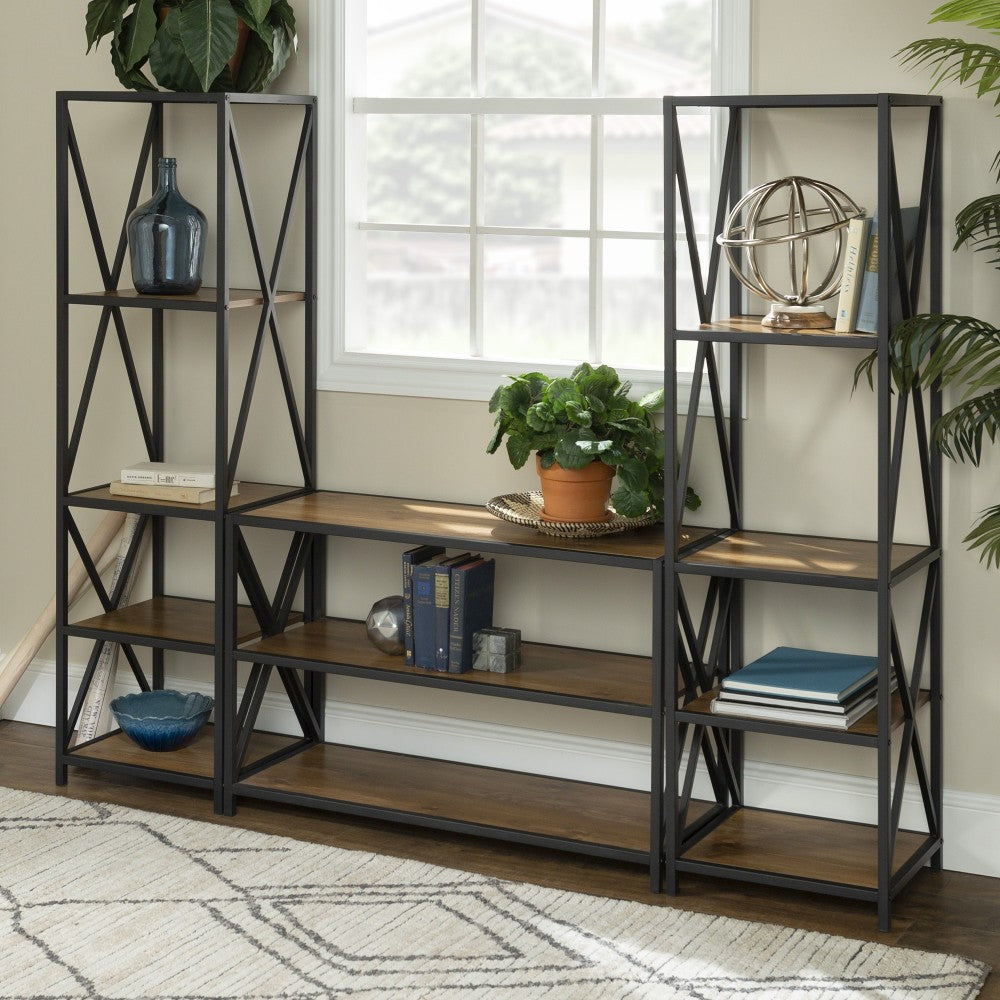3-Piece Rustic Industrial Bookcase Set - Barnwood