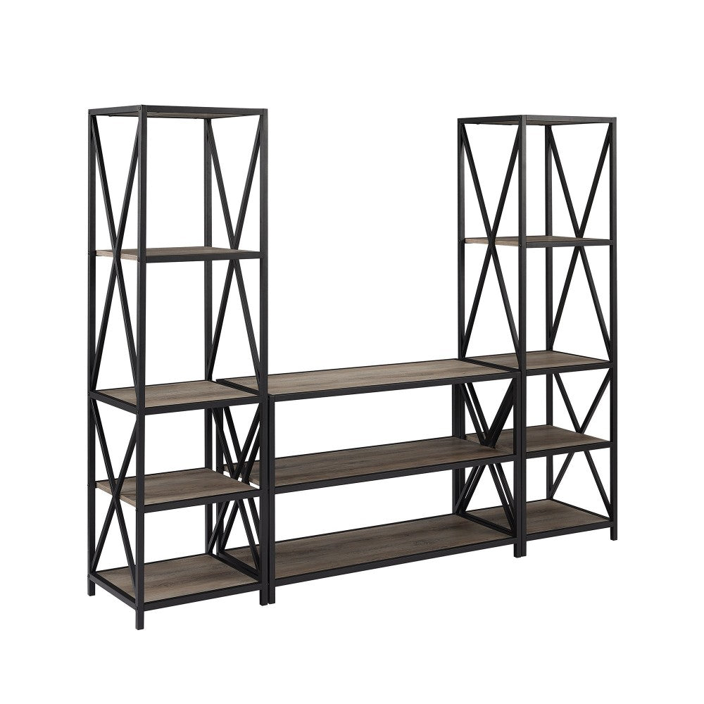 3-Piece Rustic Industrial Bookcase Set - Driftwood