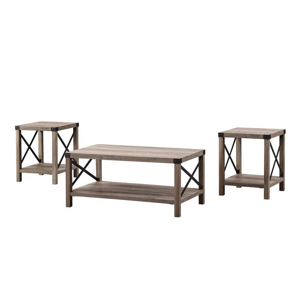 3-Piece Rustic Wood and Metal Accent Table Set - Gray Wash