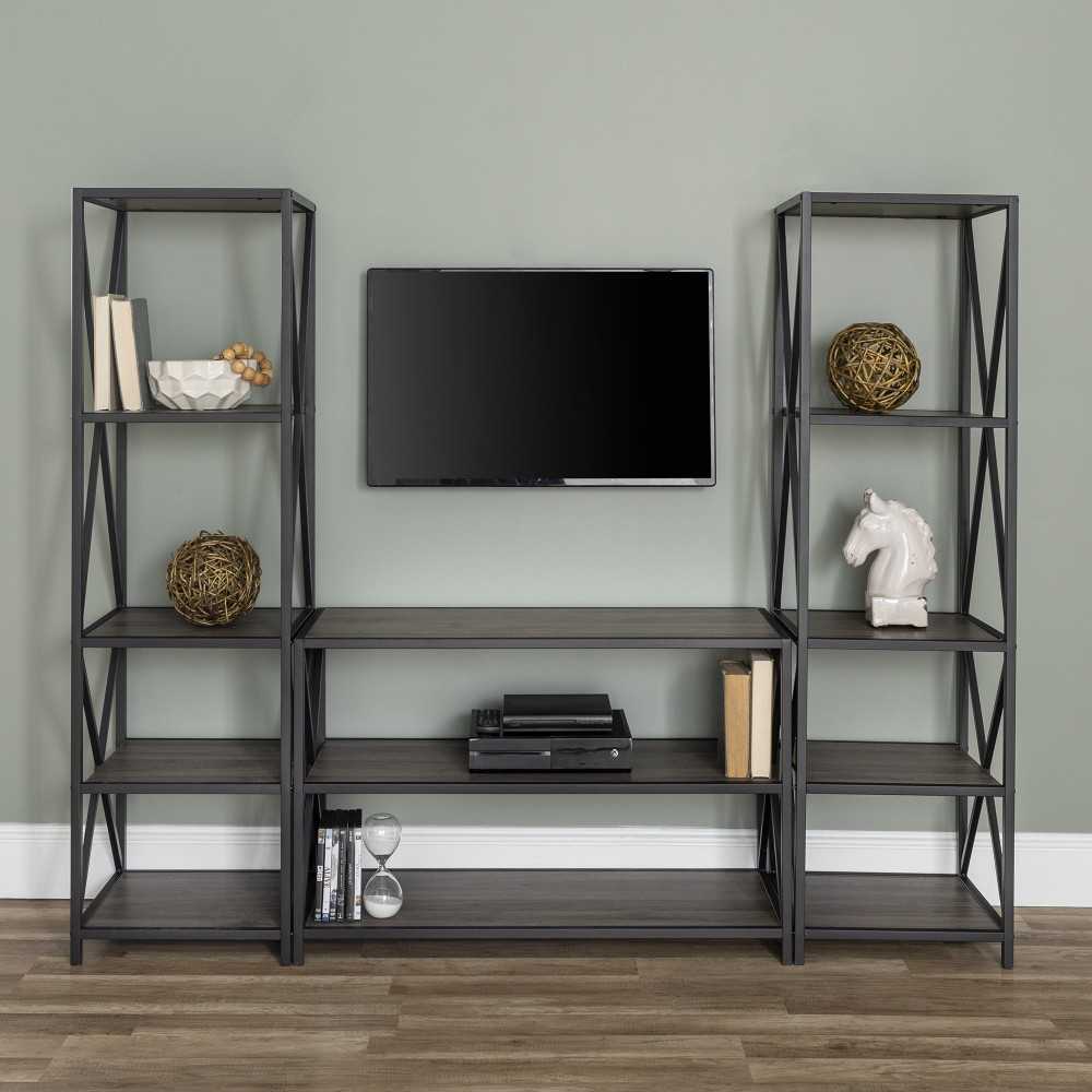 3-Piece Storage Wall with 40" X Console - Slate Gray/Black Metal
