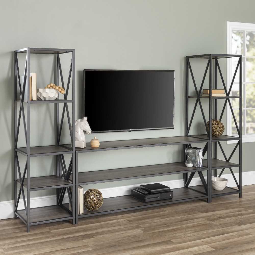 3-Piece Storage Wall with 60" X Console - Slate Gray/Black Metal