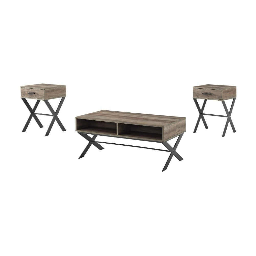 3-Piece X Leg Metal and Wood Living Room Table Set - Gray Wash