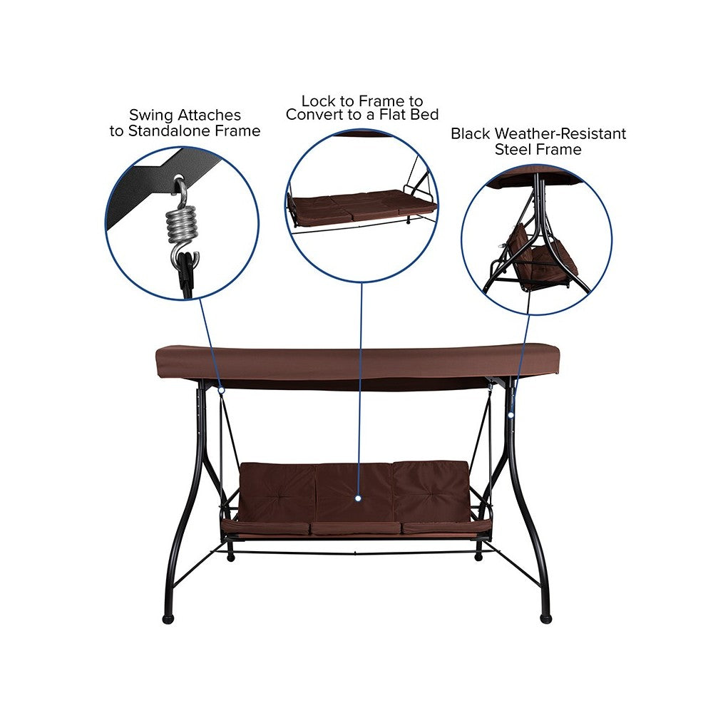 3-Seat Outdoor Steel Converting Patio Swing Canopy Hammock with Cushions / Outdoor Swing Bed (Brown)