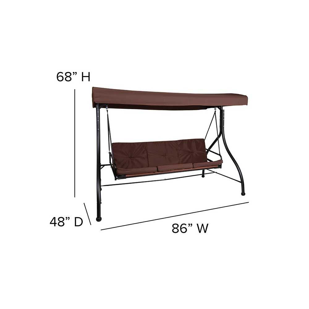 3-Seat Outdoor Steel Converting Patio Swing Canopy Hammock with Cushions / Outdoor Swing Bed (Brown)