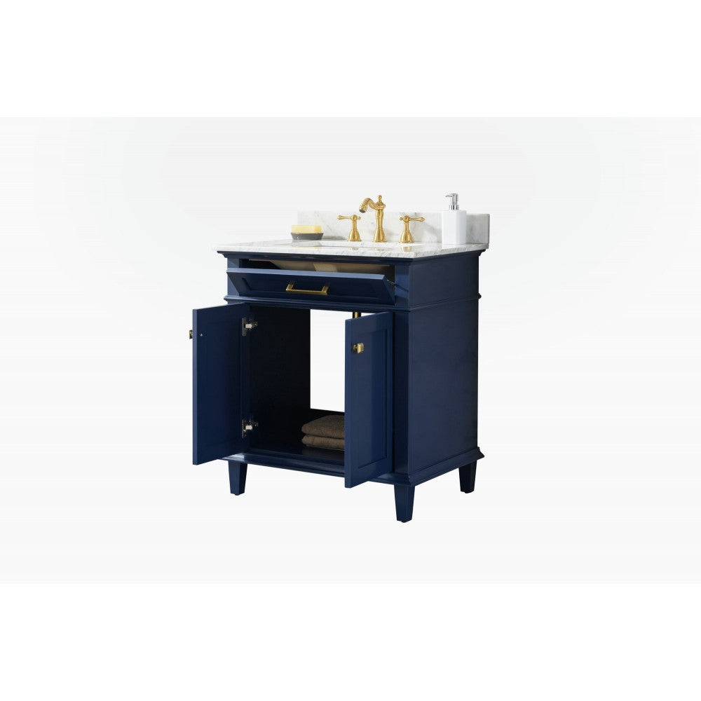 30" Blue Finish Sink Vanity Cabinet With Carrara White Top
