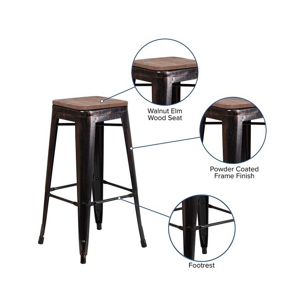 30" High Backless Black-Antique Gold Metal Barstool with Square Wood Seat