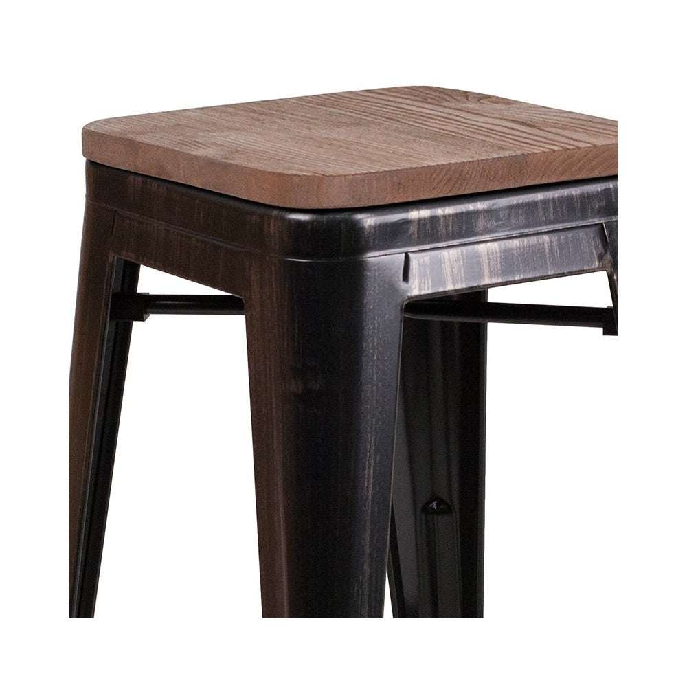 30" High Backless Black-Antique Gold Metal Barstool with Square Wood Seat