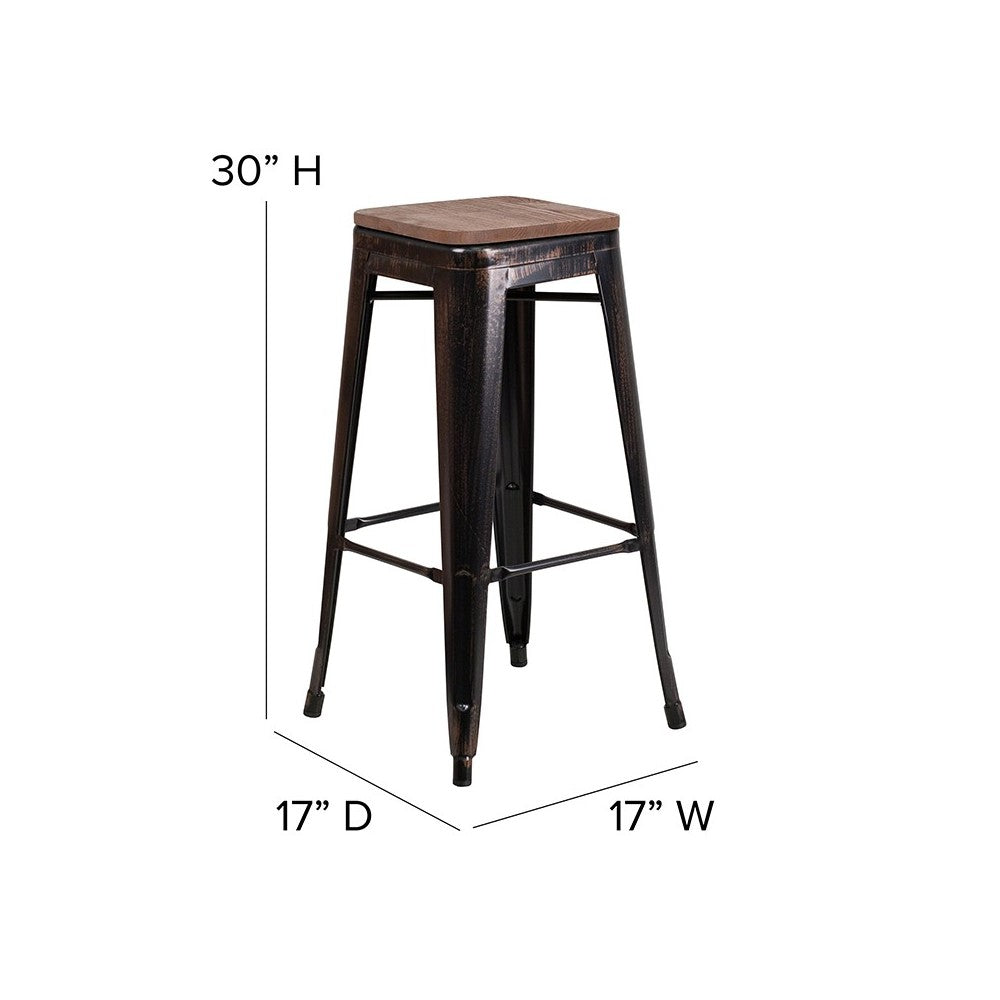30" High Backless Black-Antique Gold Metal Barstool with Square Wood Seat