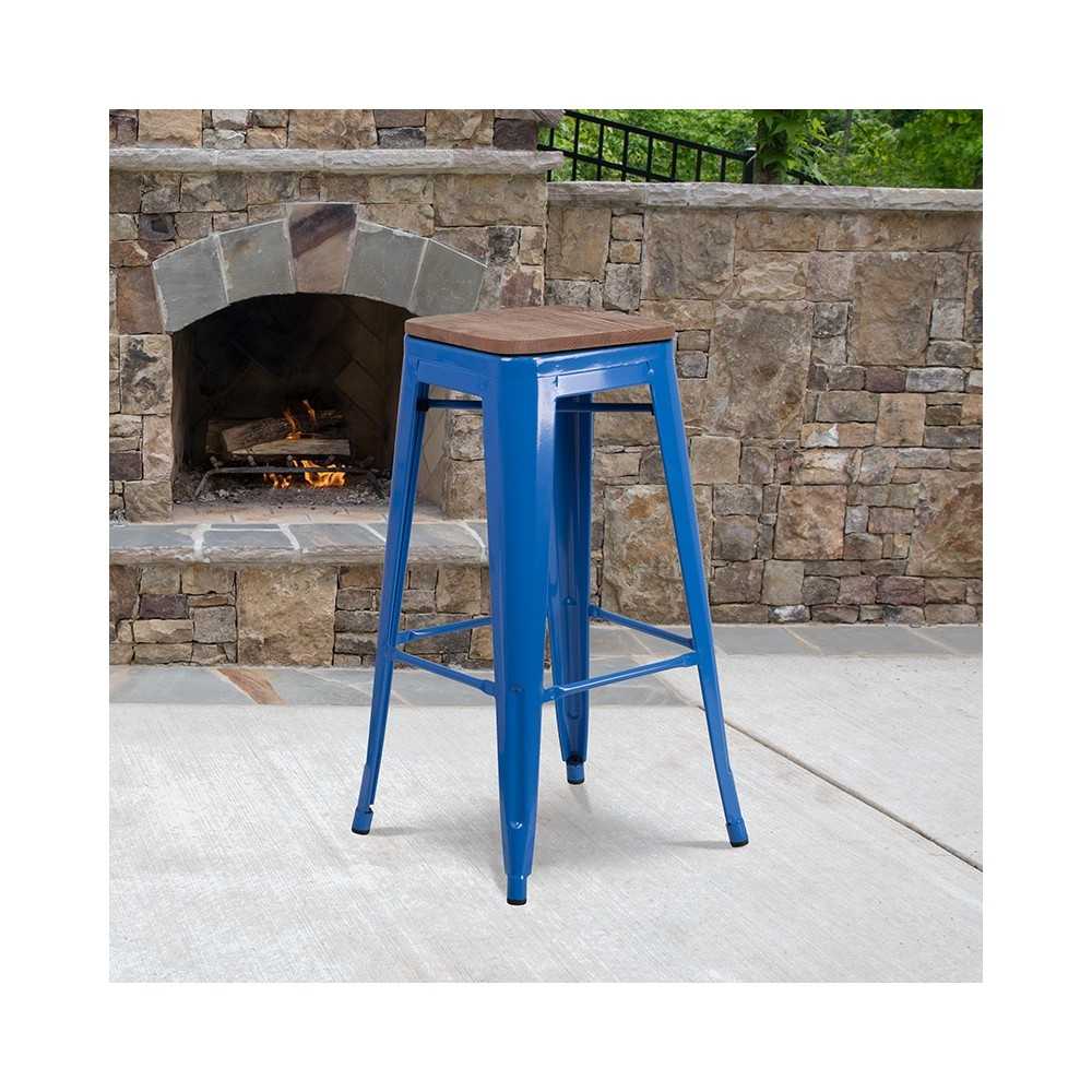 30" High Backless Blue Metal Barstool with Square Wood Seat