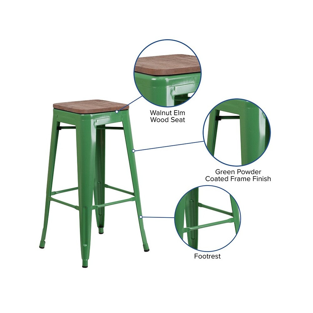 30" High Backless Green Metal Barstool with Square Wood Seat