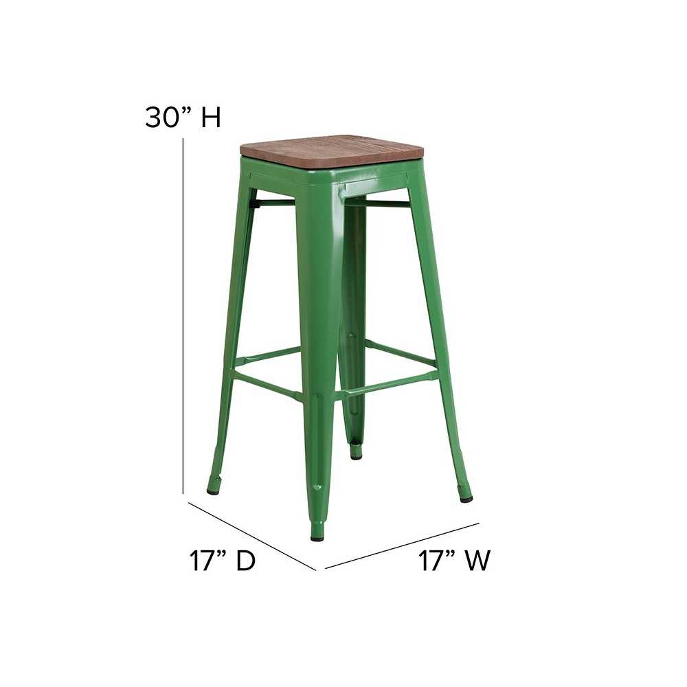 30" High Backless Green Metal Barstool with Square Wood Seat