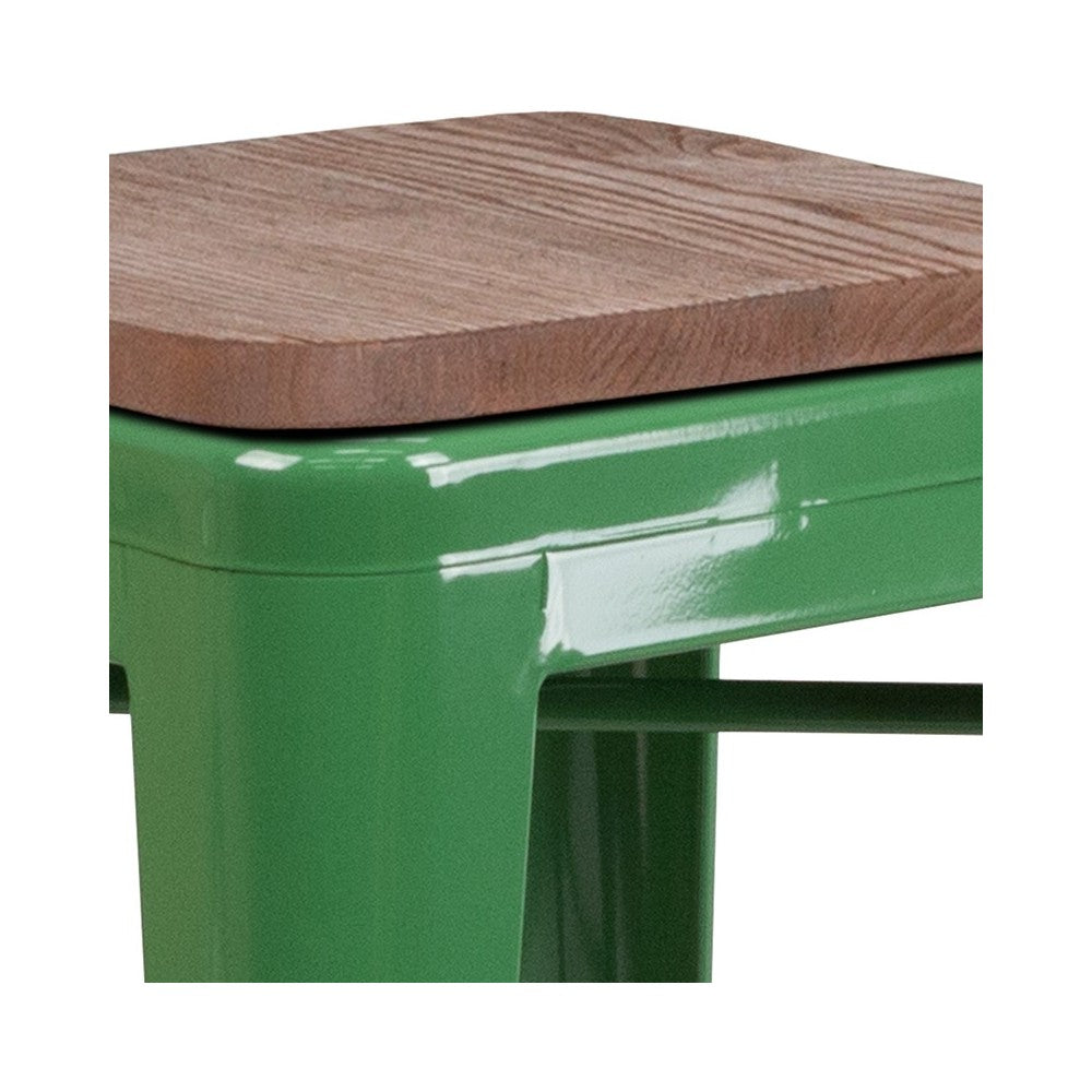 30" High Backless Green Metal Barstool with Square Wood Seat