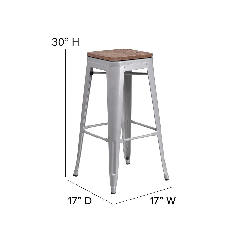 30" High Backless Silver Metal Barstool with Square Wood Seat