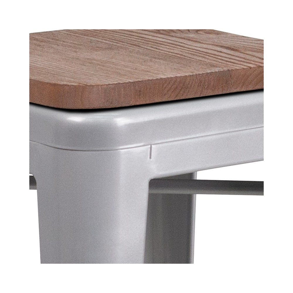 30" High Backless Silver Metal Barstool with Square Wood Seat