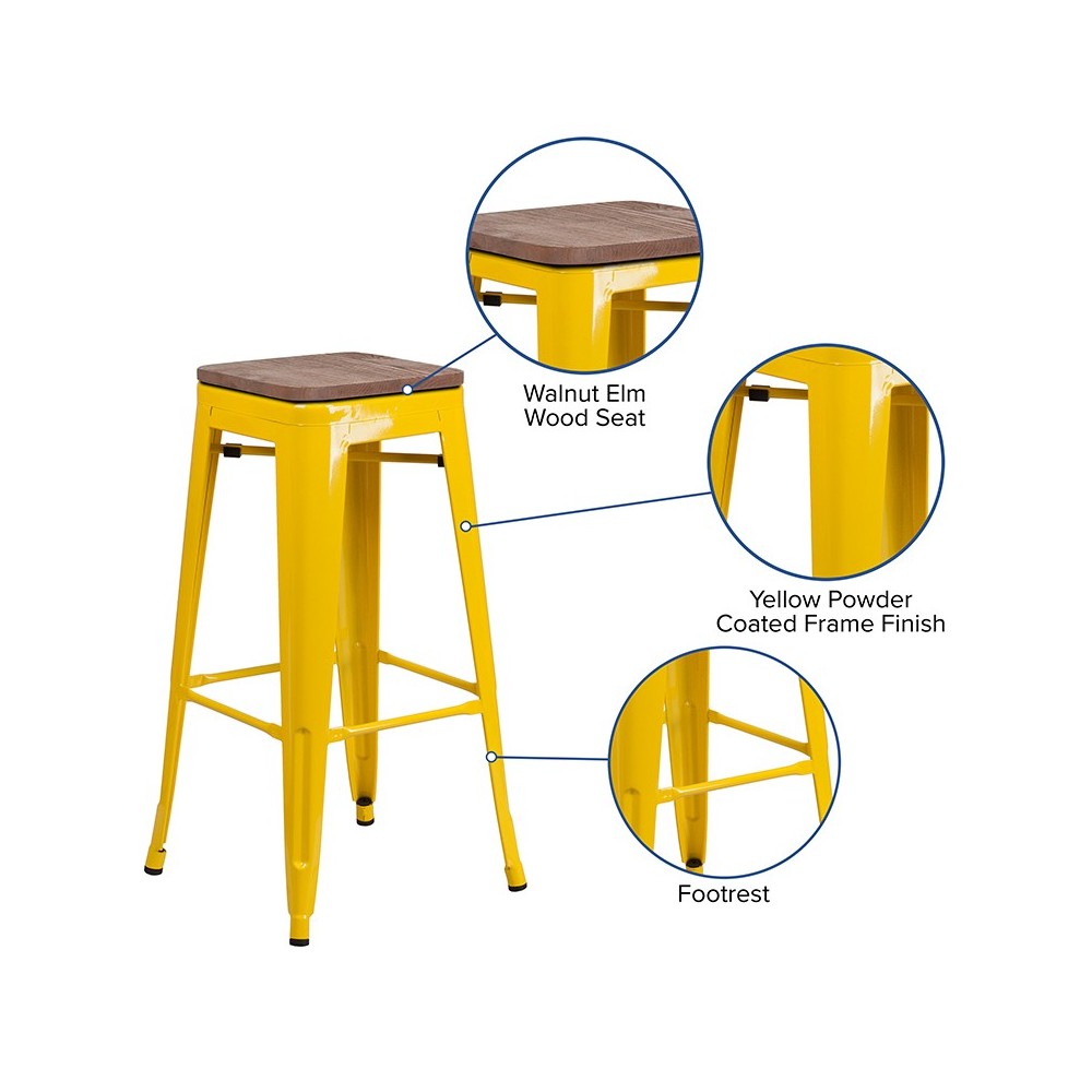 30" High Backless Yellow Metal Barstool with Square Wood Seat